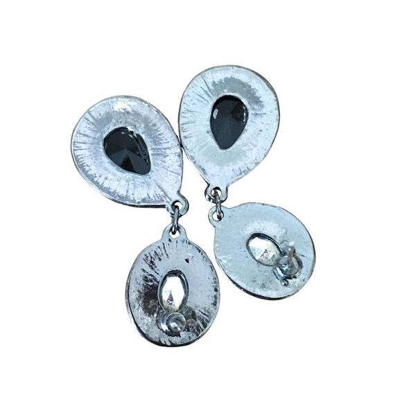 Drop Dangle Earrings - Large Faceted Black and Gray Stones with Rhinestones - Picture 2 of 2